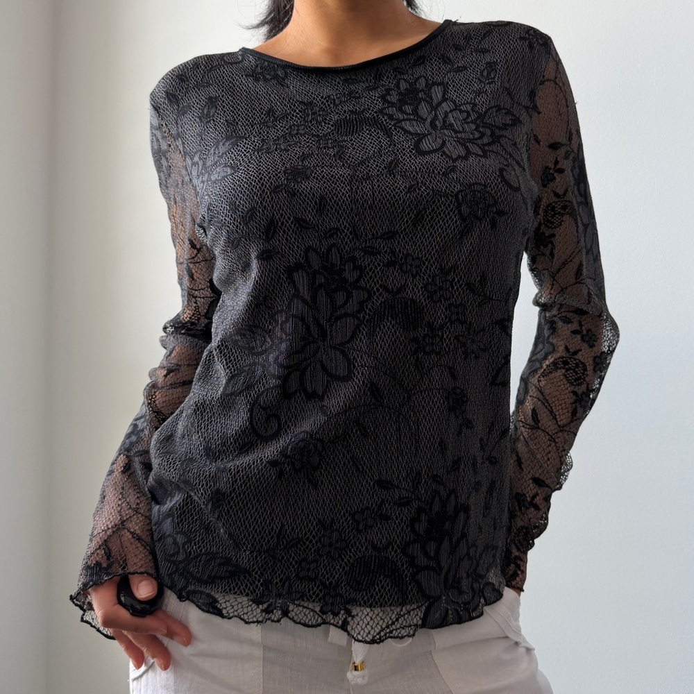 90s Made in Canada Papillon Blanc Black Floral Lace Long Sleeve Mesh Top - M